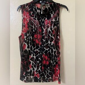 Damee Inc Leopard  Print Mesh Jeweled Vest Sleeveless Wearable Art to Wear